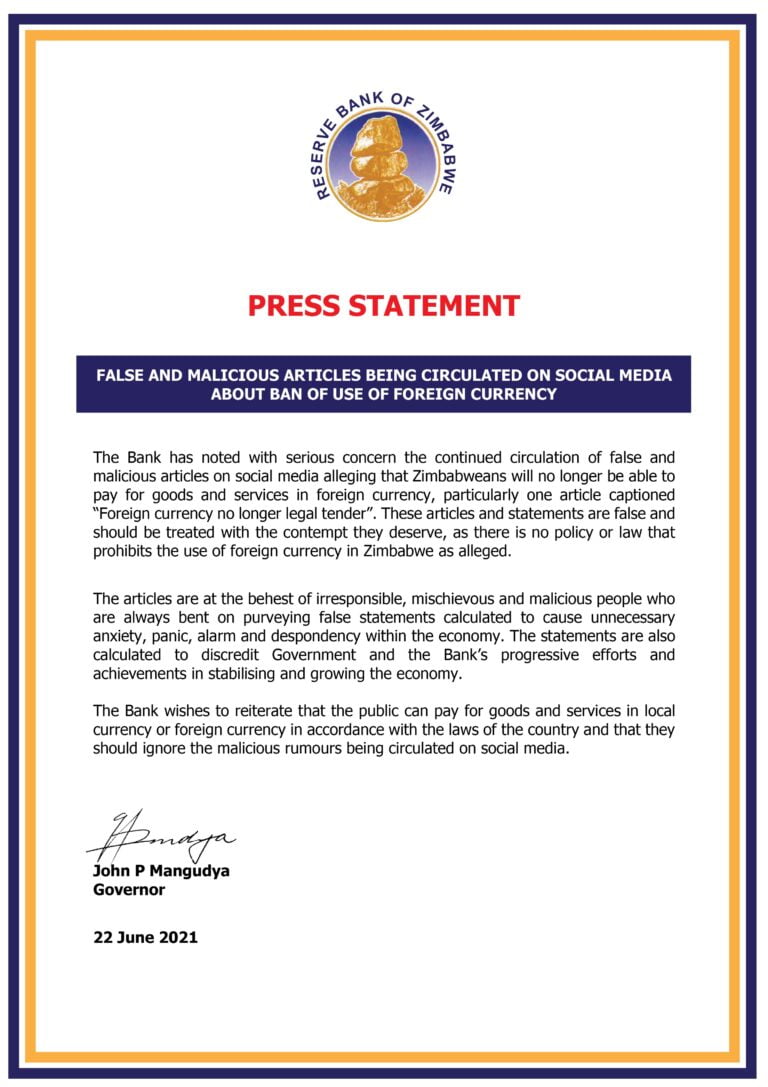 Breaking: Foreign currency ban false, RBZ