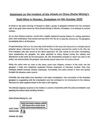 press statement by China Zhuhe Investments following the shooting of a Zimbabwean national