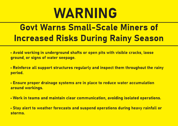 Goverment warns small scale miners on mining in the rainy season